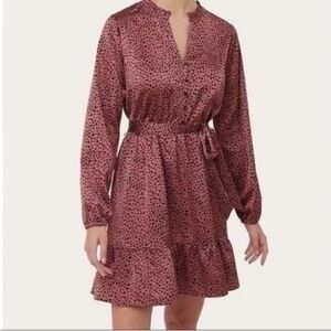 LOFT Burgundy Polka Dot Long Sleeve Dress With A Belt